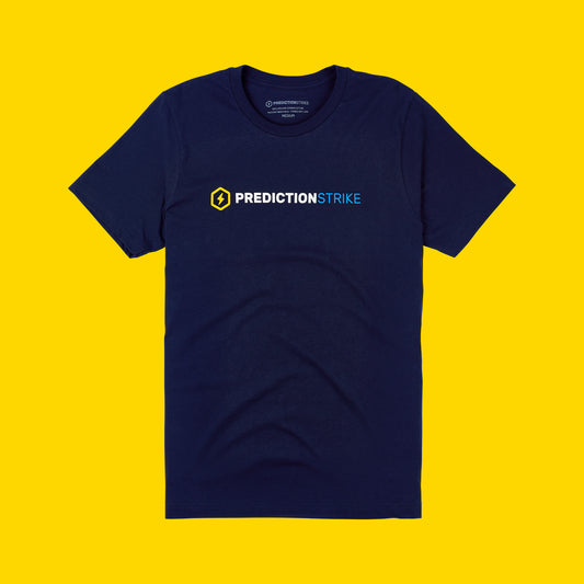 PredictionStrike logo on front of short sleeve navy T-shirt